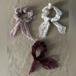 Pink, Burgundy, and white lace hair ties
